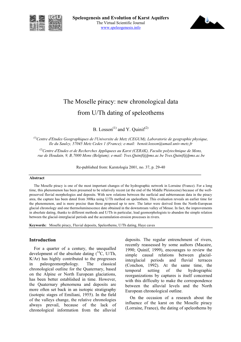 The Moselle Piracy: New Chronological Data from U/Th Dating of Speleothems