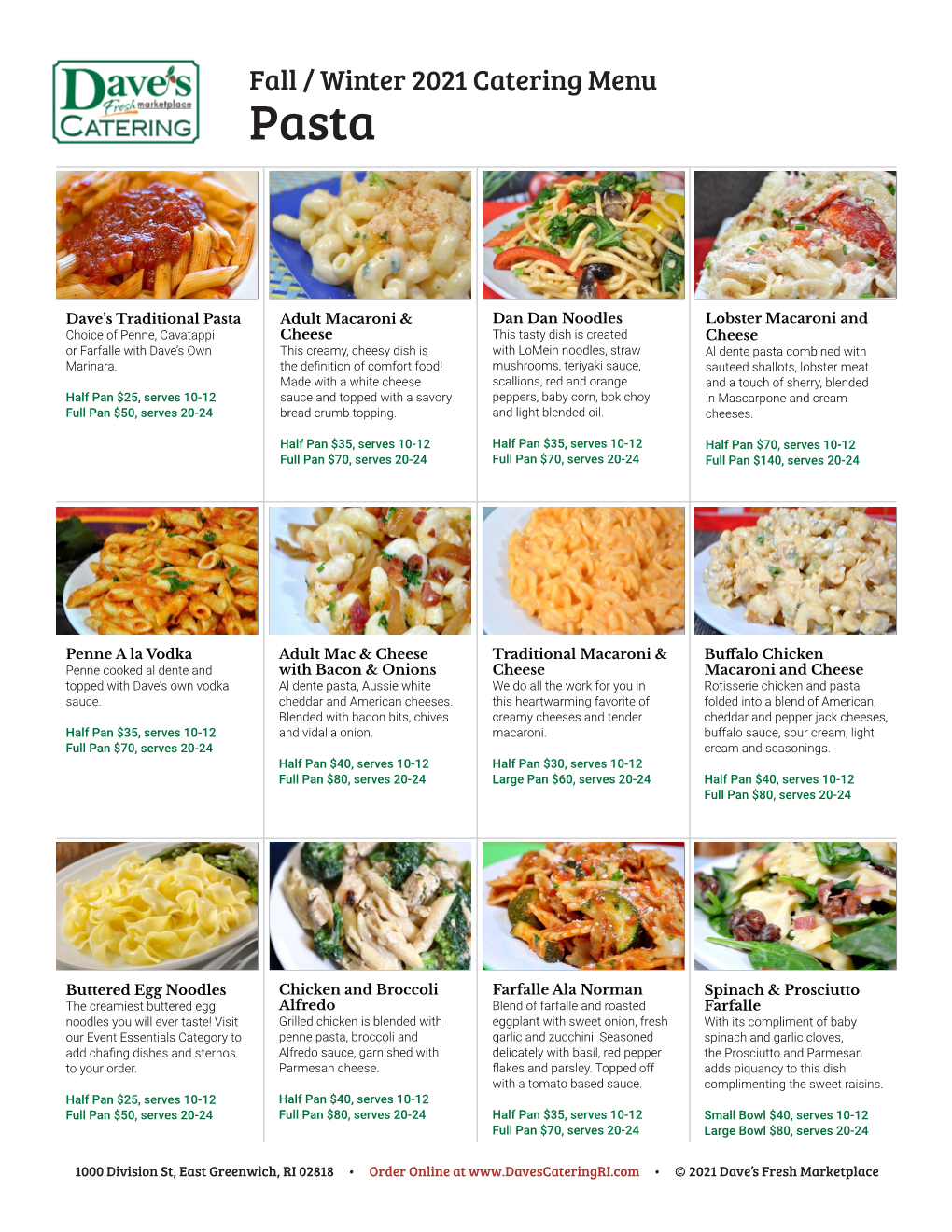 Dave's Catering RI Pasta Menu