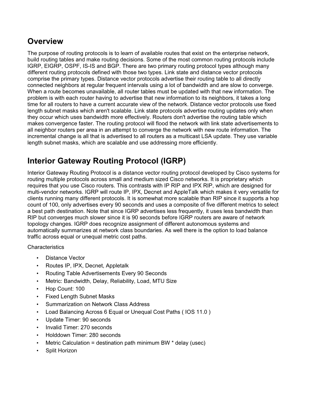 Overview Interior Gateway Routing Protocol (IGRP)