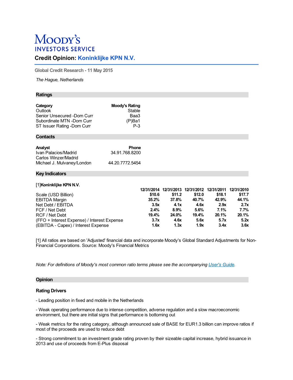 Credit Opinion: Koninklijke KPN N.V