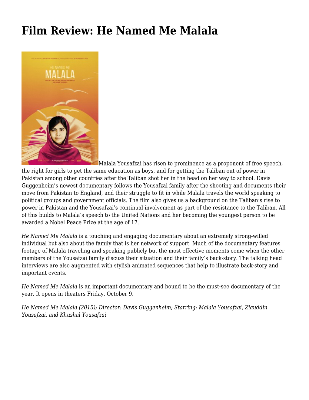 Film Review: He Named Me Malala