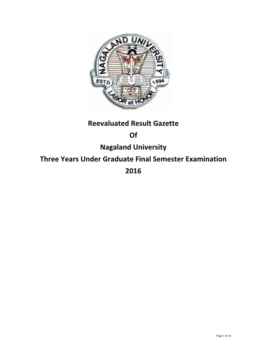 Reevaluated Result Gazette of Nagaland University Three Years Under Graduate Final Semester Examination 2016