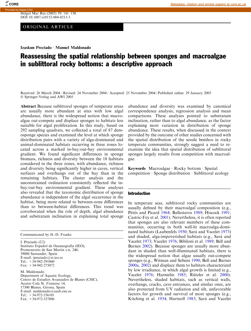 Reassessing the Spatial Relationship Between Sponges and Macroalgae in Sublittoral Rocky Bottoms: a Descriptive Approach