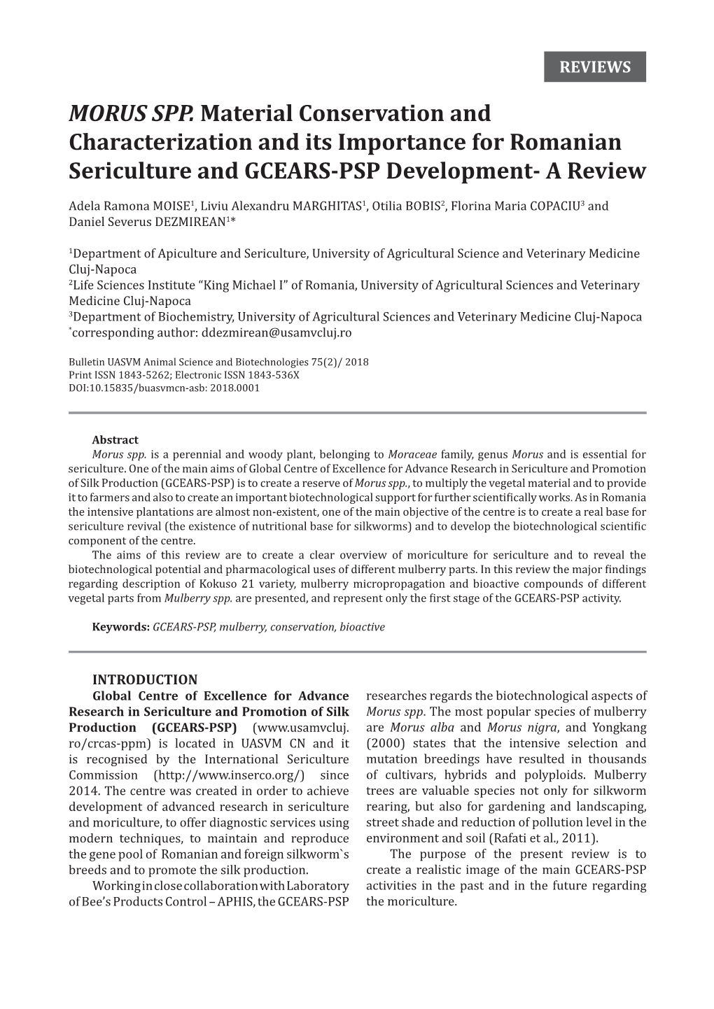 MORUS SPP. Material Conservation and Characterization and Its Importance for Romanian Sericulture and GCEARS-PSP Development- a Review