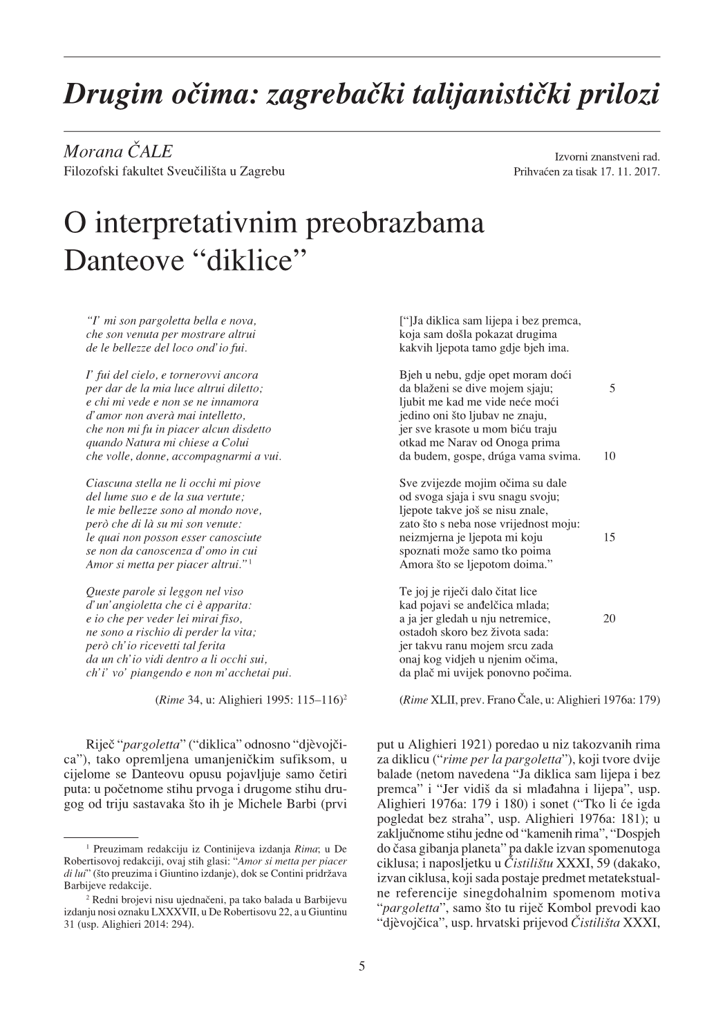 O Interpretativnim Preobrazbama Danteove “Diklice”