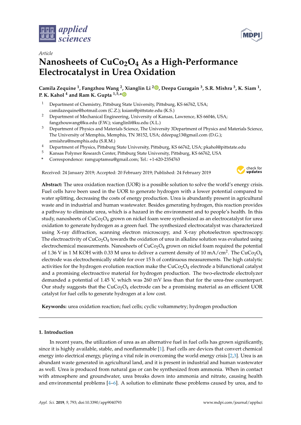 Nanosheets of Cuco2o4 As a High-Performance Electrocatalyst in Urea Oxidation