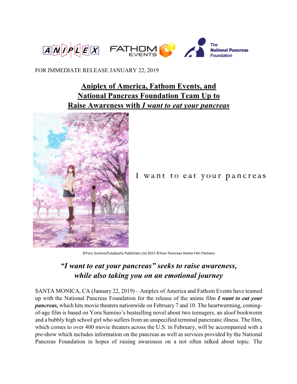Aniplex of America, Fathom Events, and National Pancreas Foundation Team up to Raise Awareness with I Want to Eat Your Pancreas