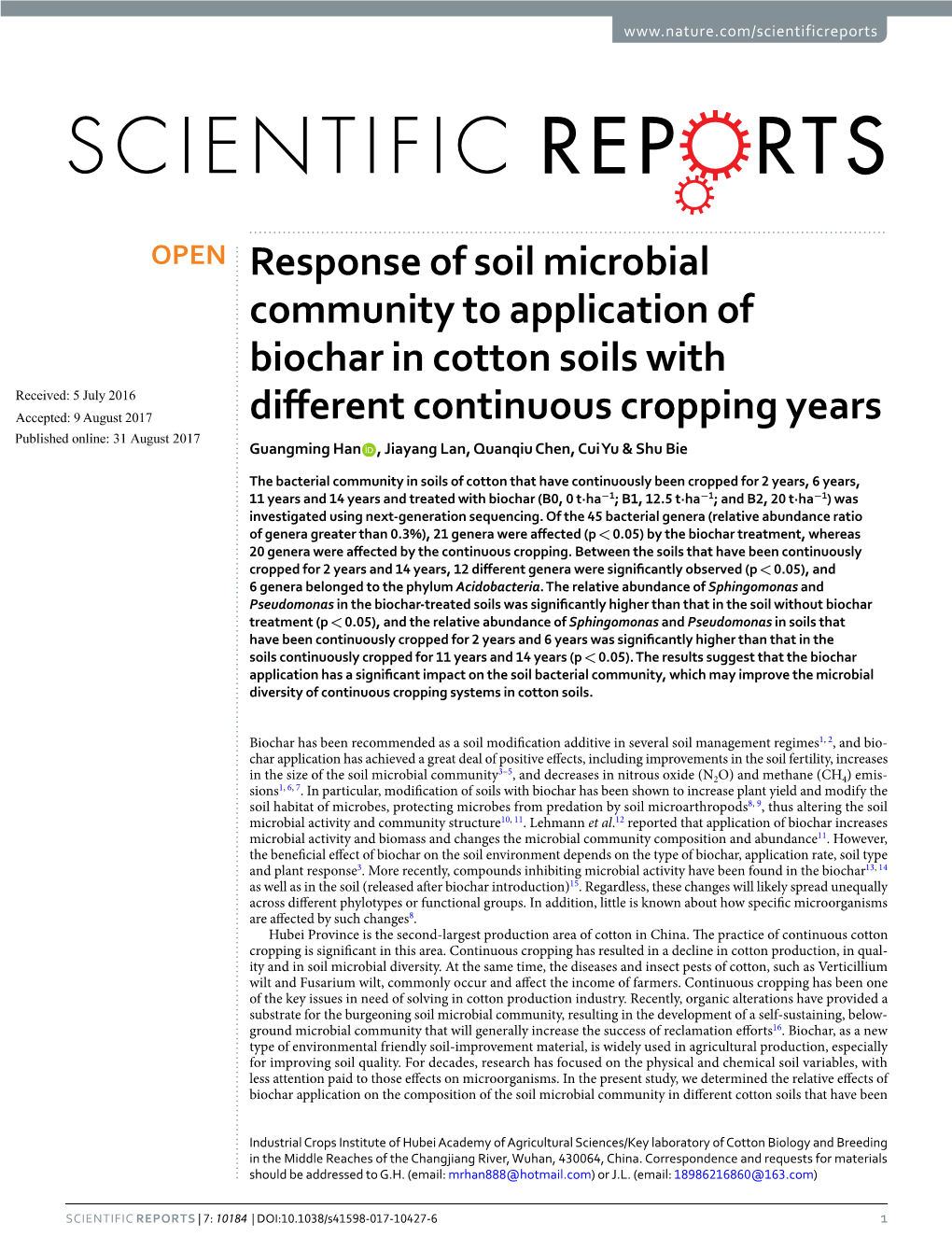 Response of Soil Microbial Community to Application of Biochar in Cotton