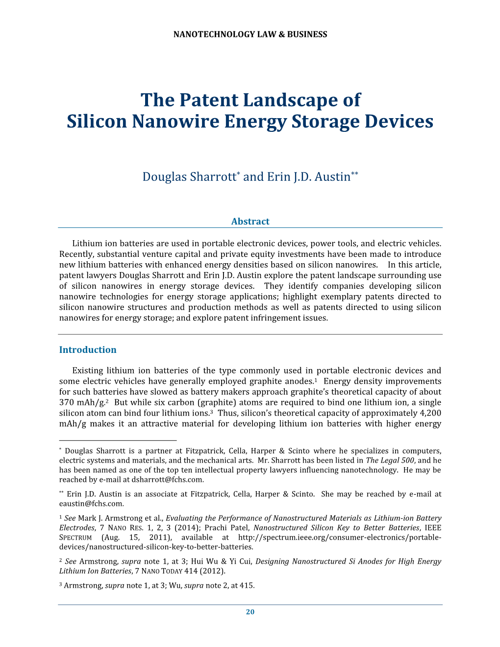 The Patent Landscape of Silicon Nanowire Energy Storage Devices