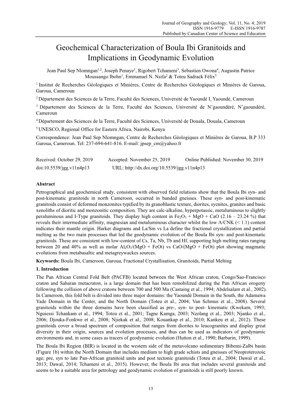 Geochemical Characterization of Boula Ibi Granitoids and Implications in Geodynamic Evolution
