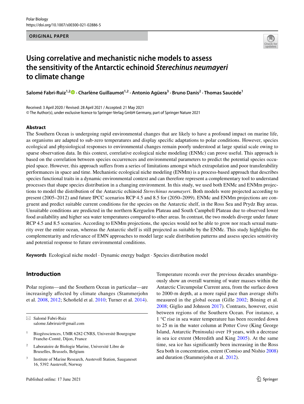 Using Correlative and Mechanistic Niche Models to Assess the Sensitivity of the Antarctic Echinoid Sterechinus Neumayeri to Climate Change