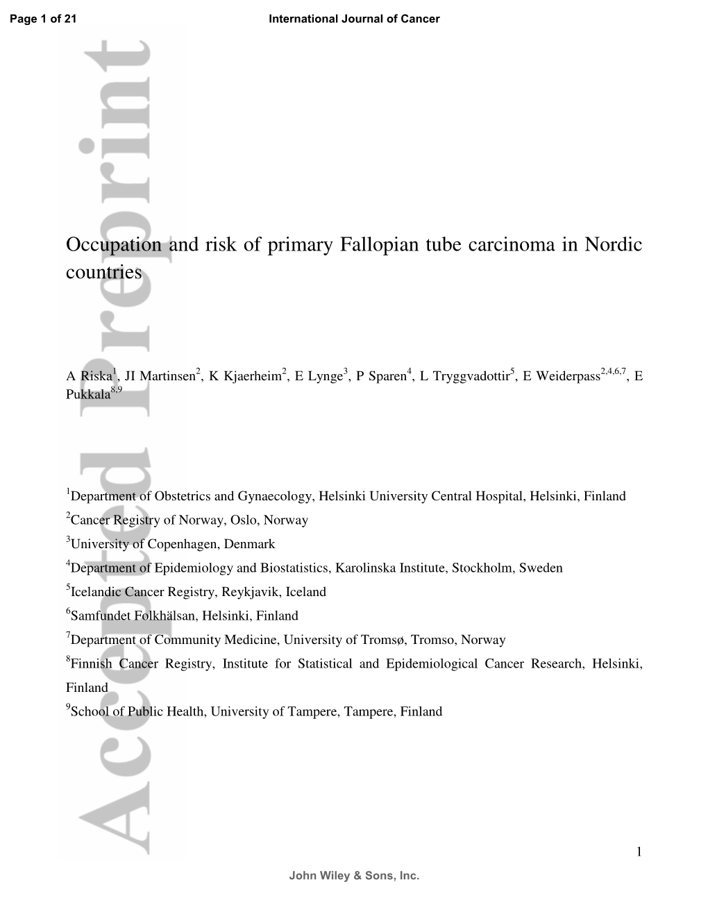 Occupation and Risk of Primary Fallopian Tube Carcinoma in Nordic Countries