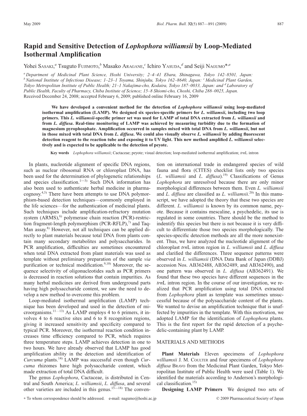 Rapid and Sensitive Detection of Lophophora Williamsii by Loop-Mediated Isothermal Ampliﬁcation