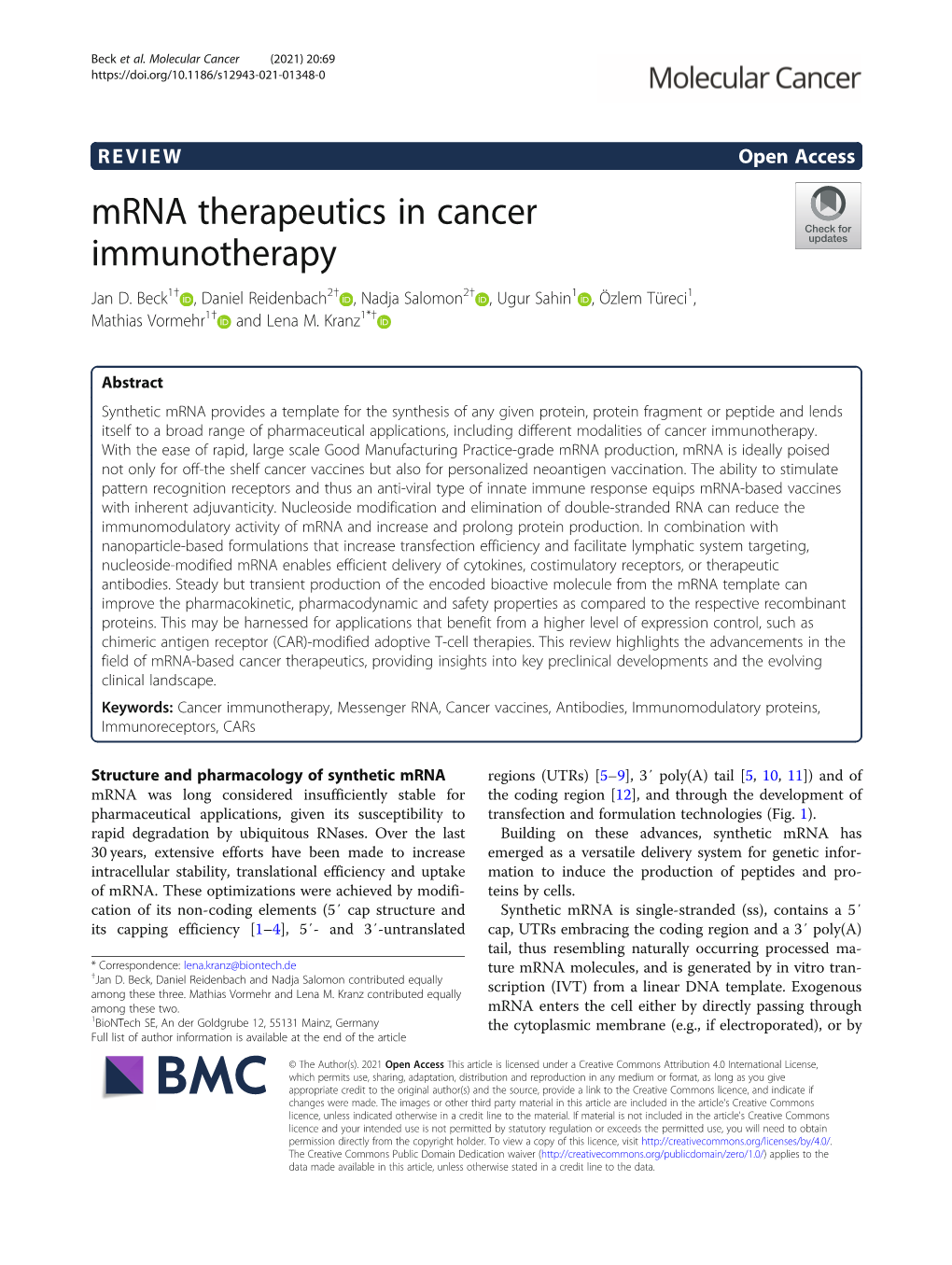 Mrna Therapeutics in Cancer Immunotherapy Jan D
