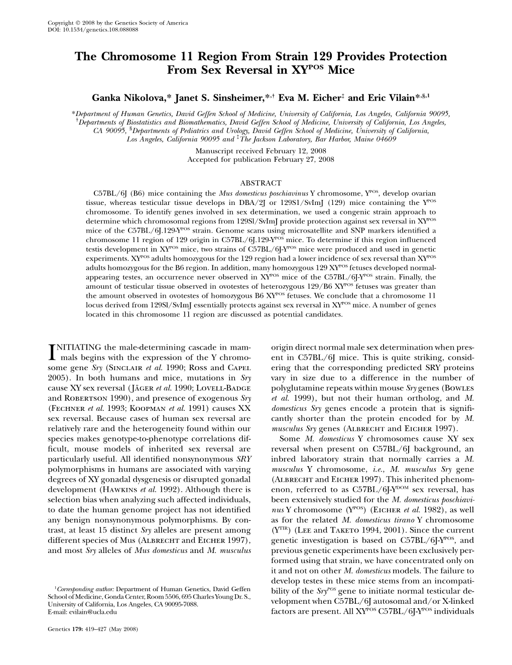 The Chromosome 11 Region from Strain 129 Provides Protection from Sex Reversal in XYPOS Mice