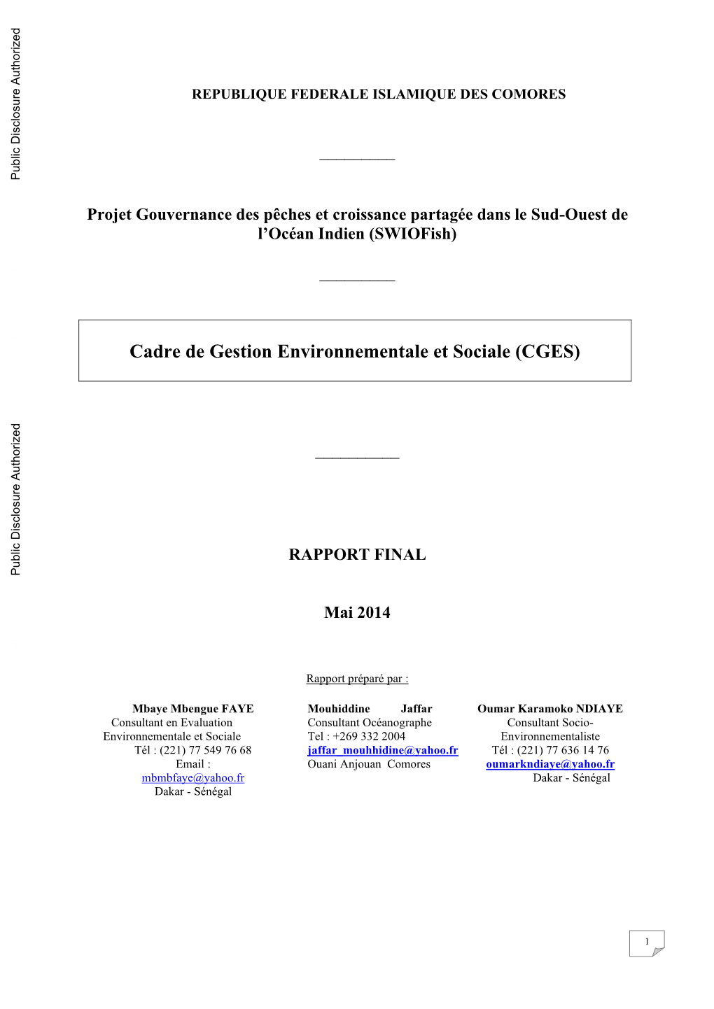 Cadre De Gestion Environnementale Et Sociale (CGES)