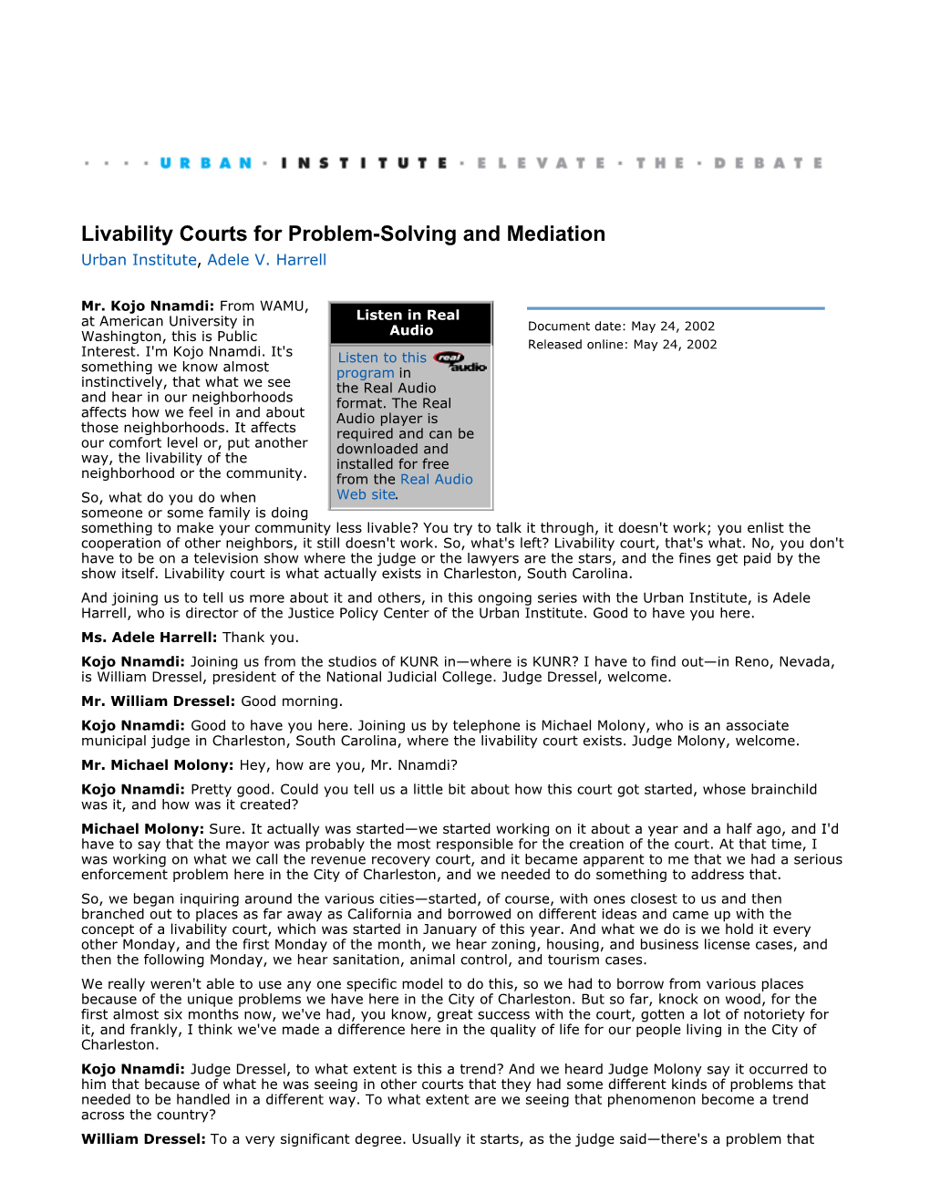 Livability Courts for Problem-Solving and Mediation Urban Institute, Adele V