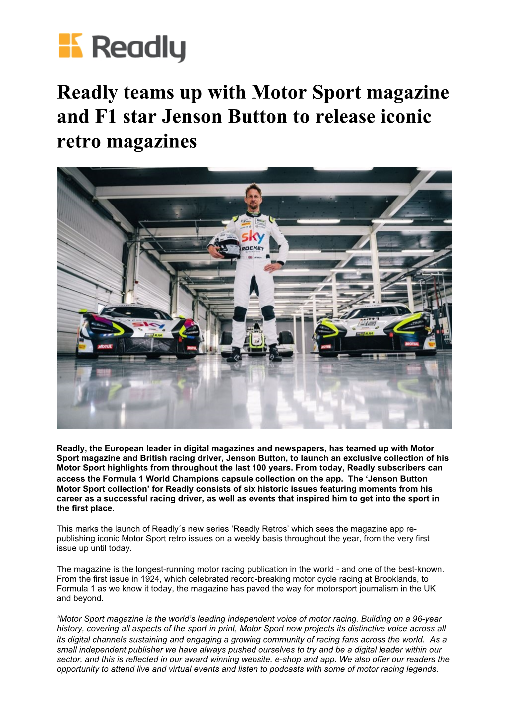 Readly Teams up with Motor Sport Magazine and F1 Star Jenson Button to Release Iconic Retro Magazines