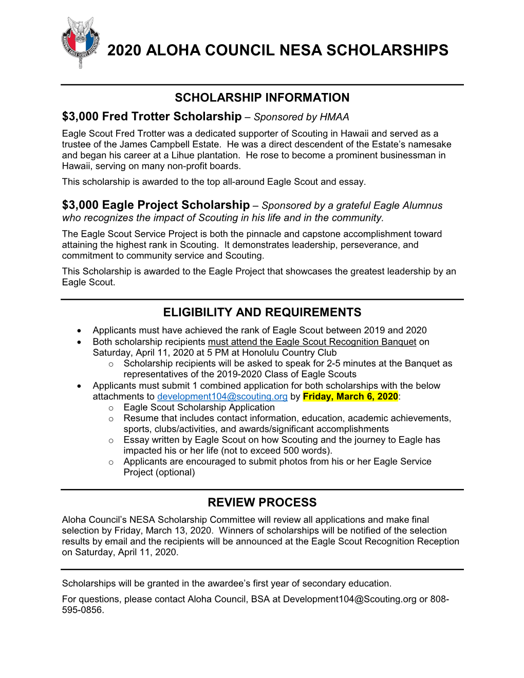 2020 Aloha Council Nesa Scholarships