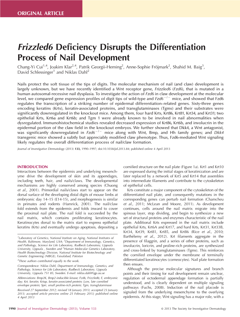 Frizzled6 Deficiency Disrupts the Differentiation Process of Nail