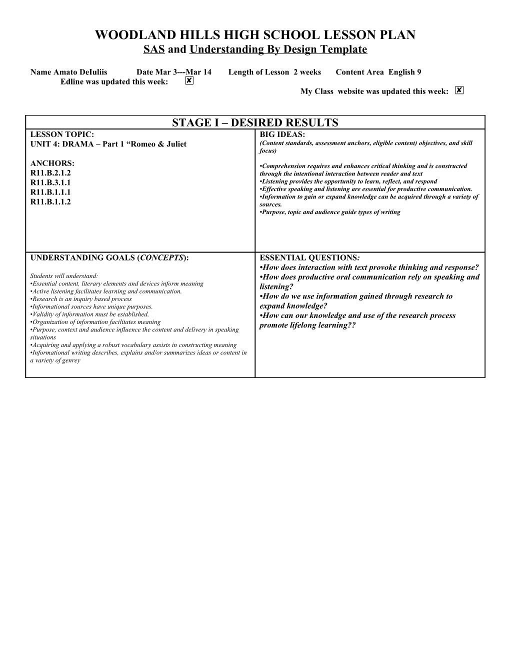 Woodland Hills High School Lesson Plan s1