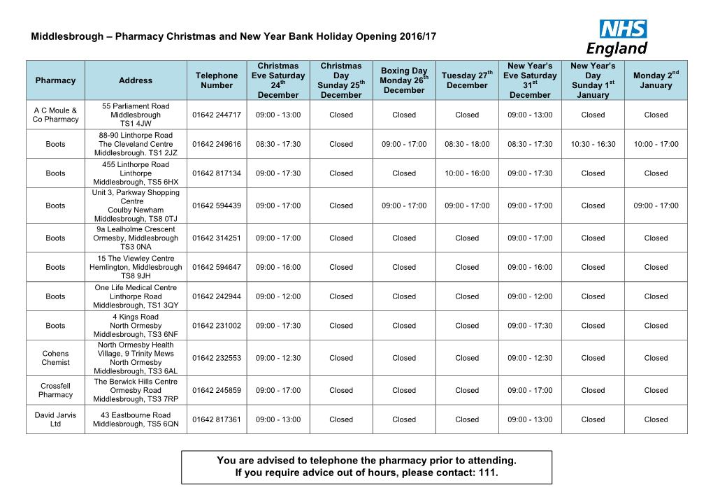 Middlesbrough – Pharmacy Christmas and New Year Bank Holiday Opening 2016/17 You Are Advised to Telephone the Pharmacy Prior T