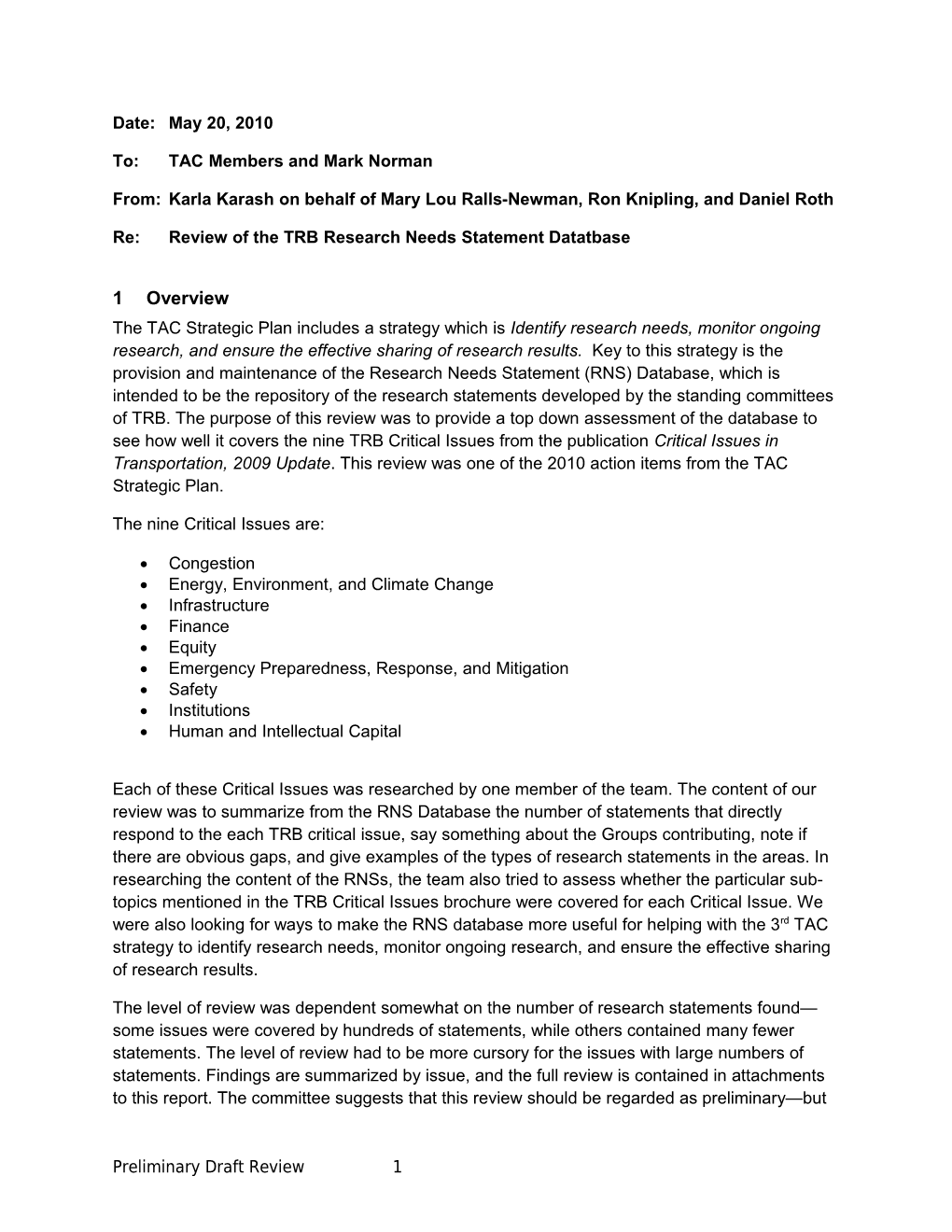 Re: Review of the TRB Research Needs Statement Datatbase