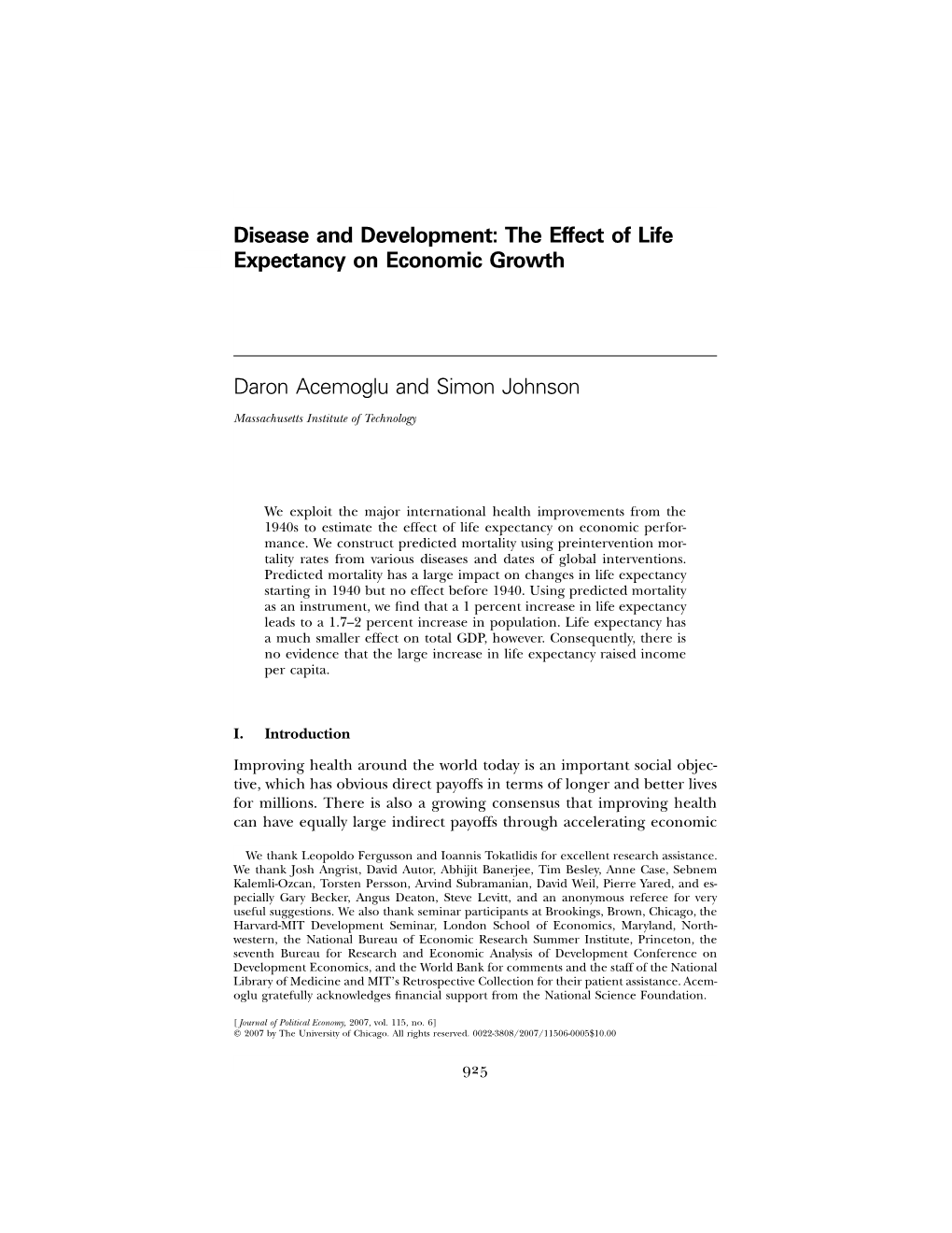 Disease and Development: the Effect of Life Expectancy on Economic Growth