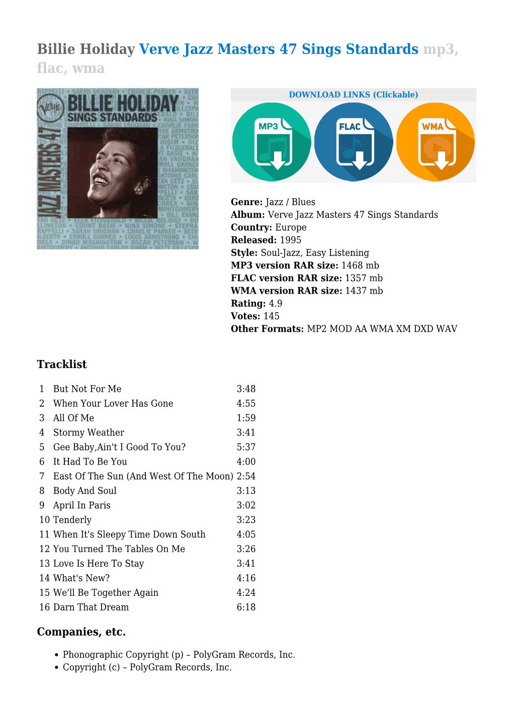 Billie Holiday Verve Jazz Masters 47 Sings Standards Mp3, Flac, Wma