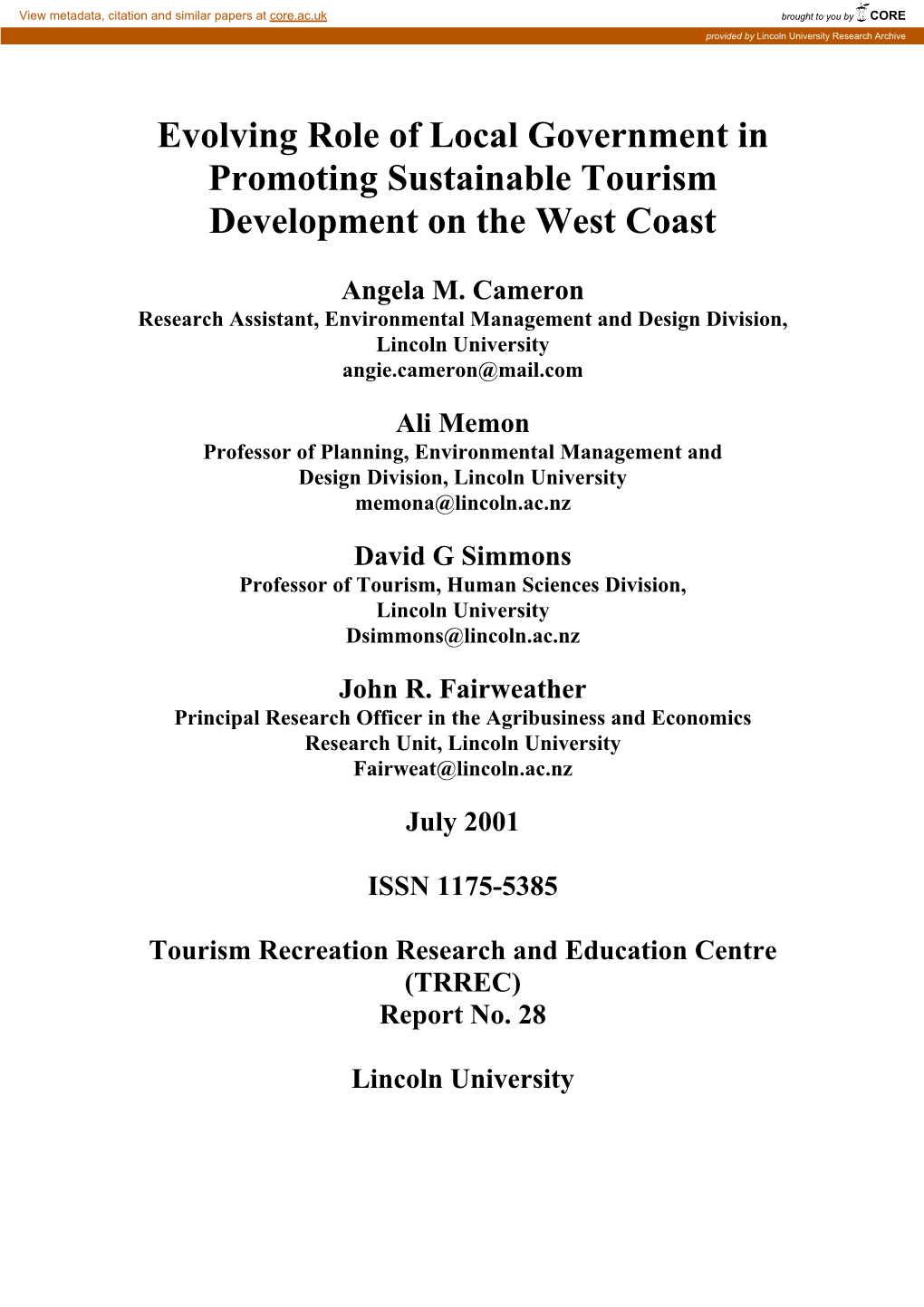 Evolving Role of Local Government in Promoting Sustainable Tourism Development on the West Coast