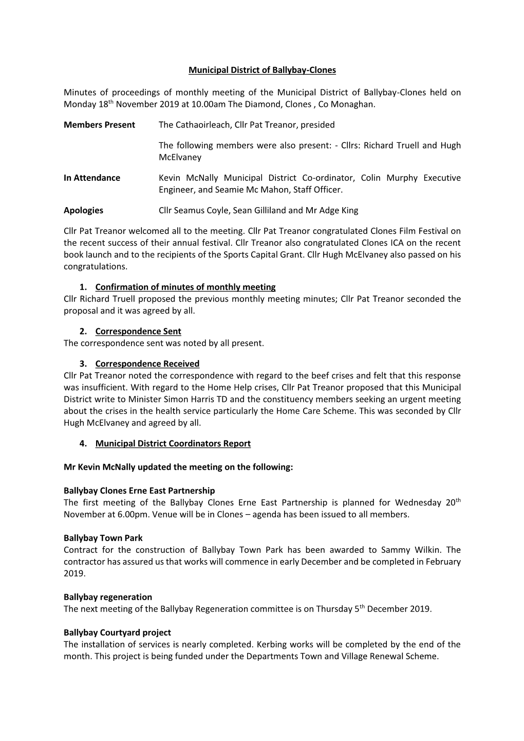Municipal District of Ballybay-Clones Minutes of Proceedings of Monthly Meeting of the Municipal District of Ballybay-Clones