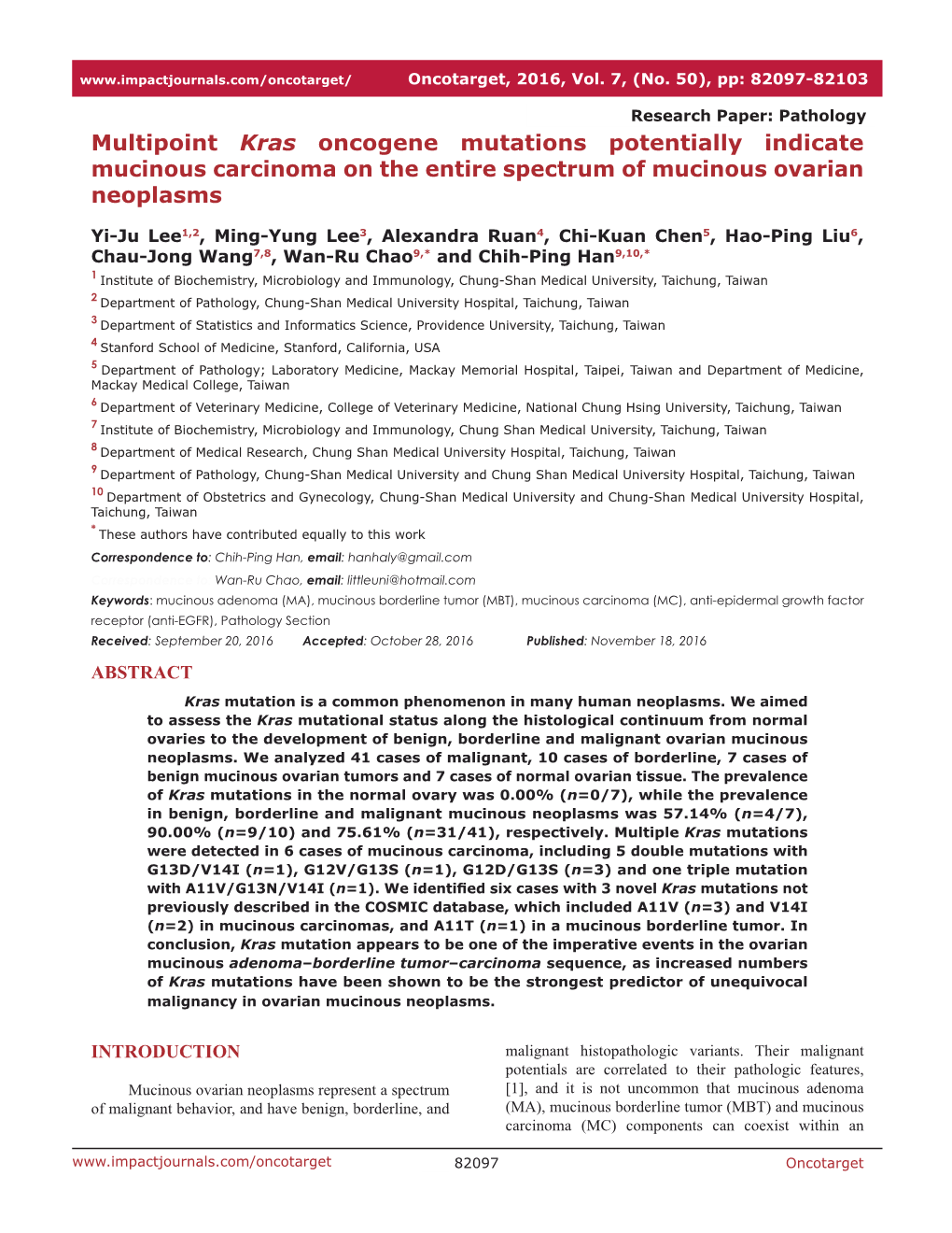 Multipoint Kras Oncogene Mutations Potentially Indicate Mucinous Carcinoma on the Entire Spectrum of Mucinous Ovarian Neoplasms