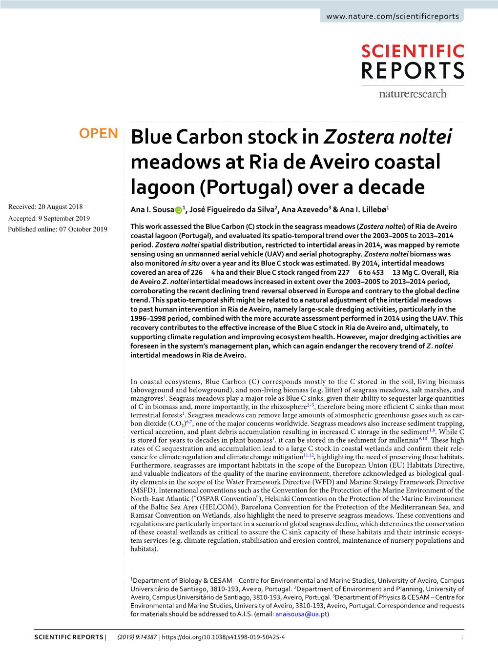 Blue Carbon Stock in Zostera Noltei Meadows at Ria De Aveiro Coastal Lagoon (Portugal) Over a Decade Received: 20 August 2018 Ana I