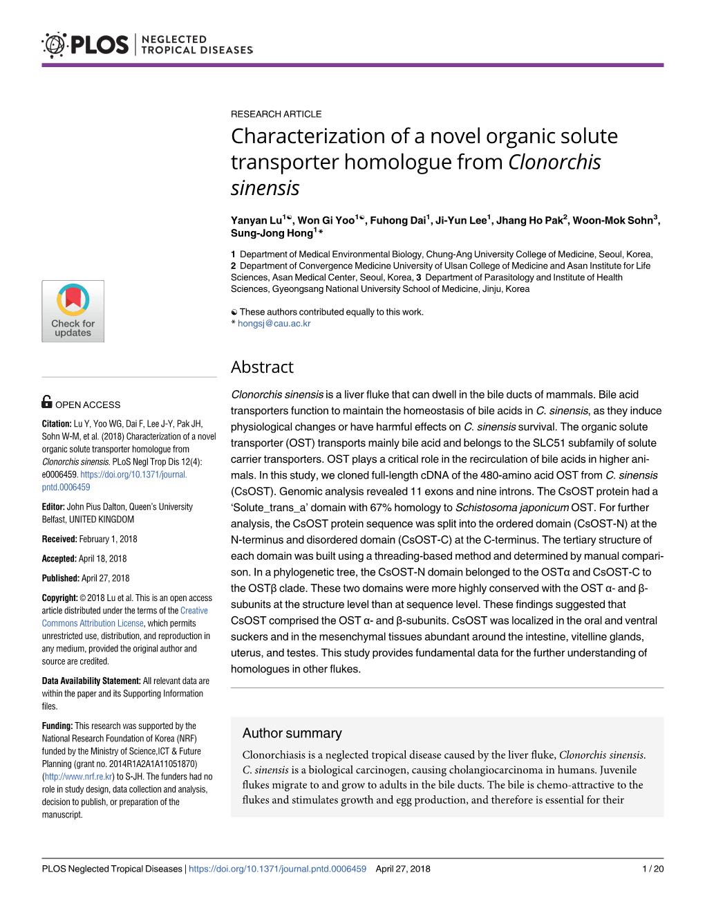 Characterization of a Novel Organic Solute Transporter Homologue from Clonorchis Sinensis