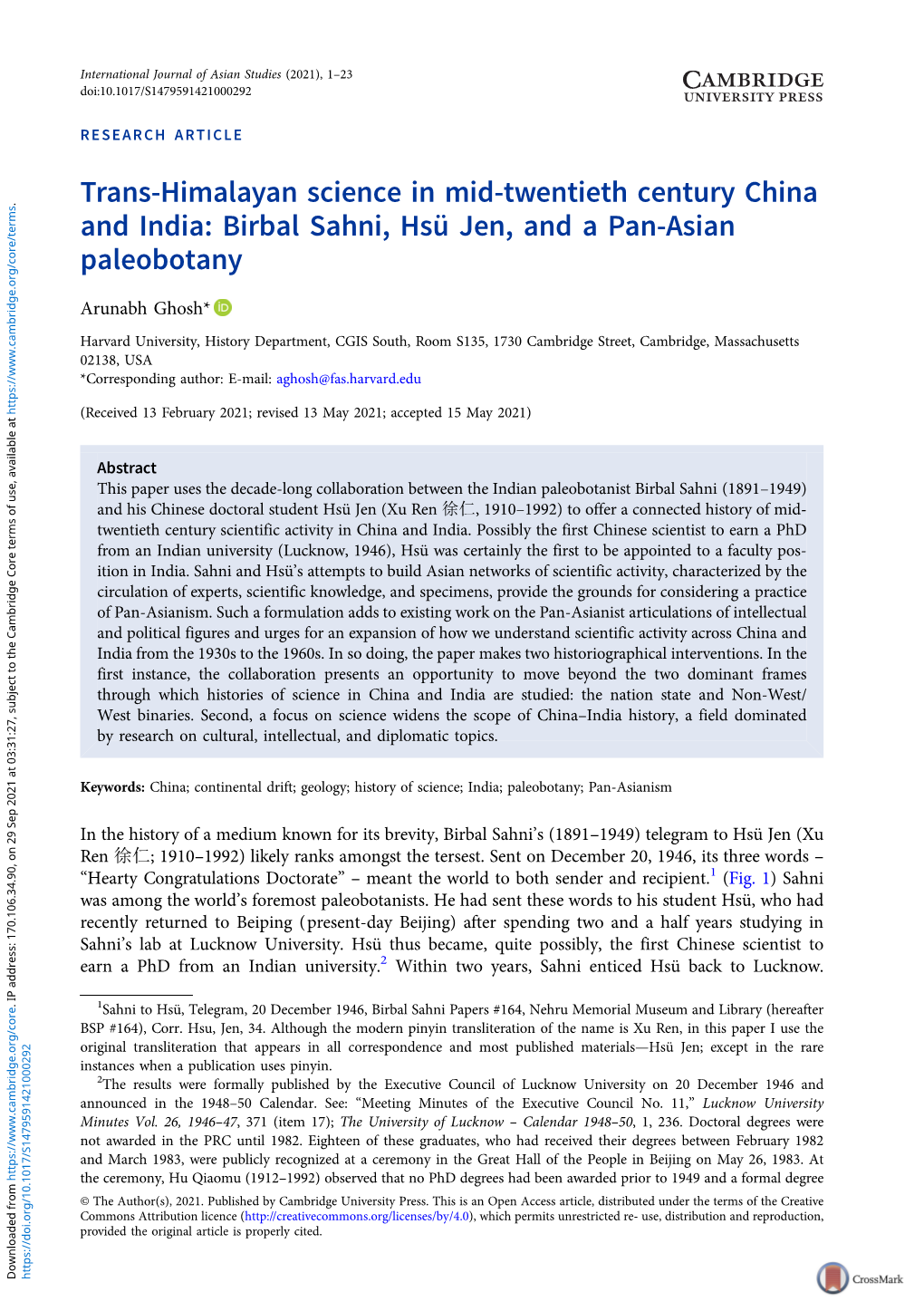 Birbal Sahni, Hsü Jen, and a Pan-Asian Paleobotany