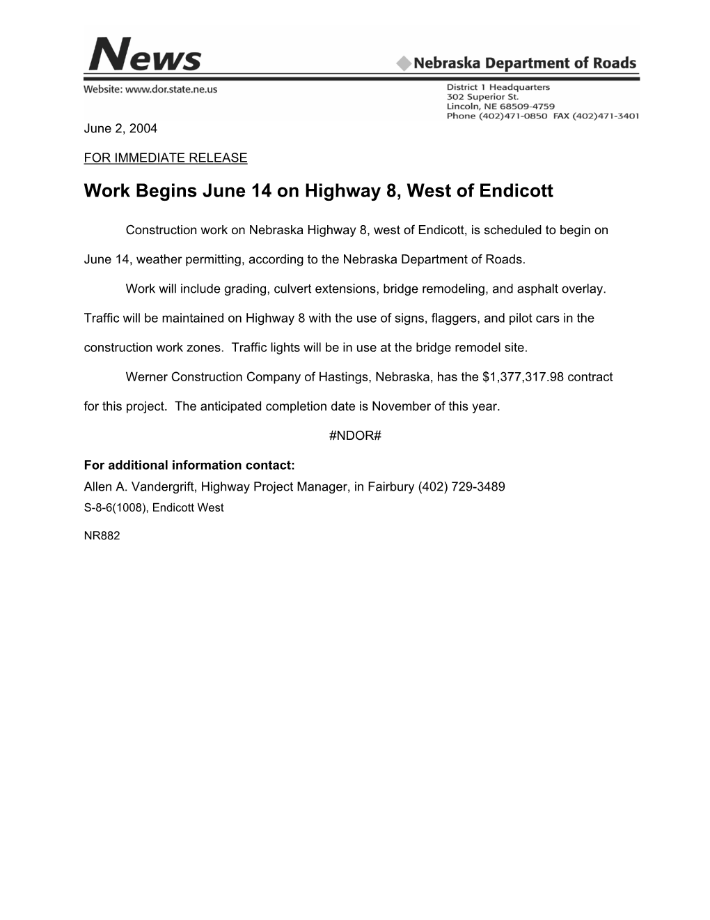 Work Begins June 14 on Highway 8, West of Endicott