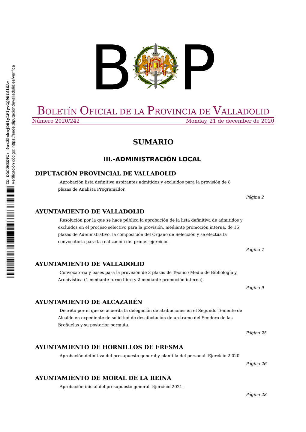 BOLETÍN OFICIAL DE LA PROVINCIA DE VALLADOLID Número 2020/242 Monday, 21 De December De 2020