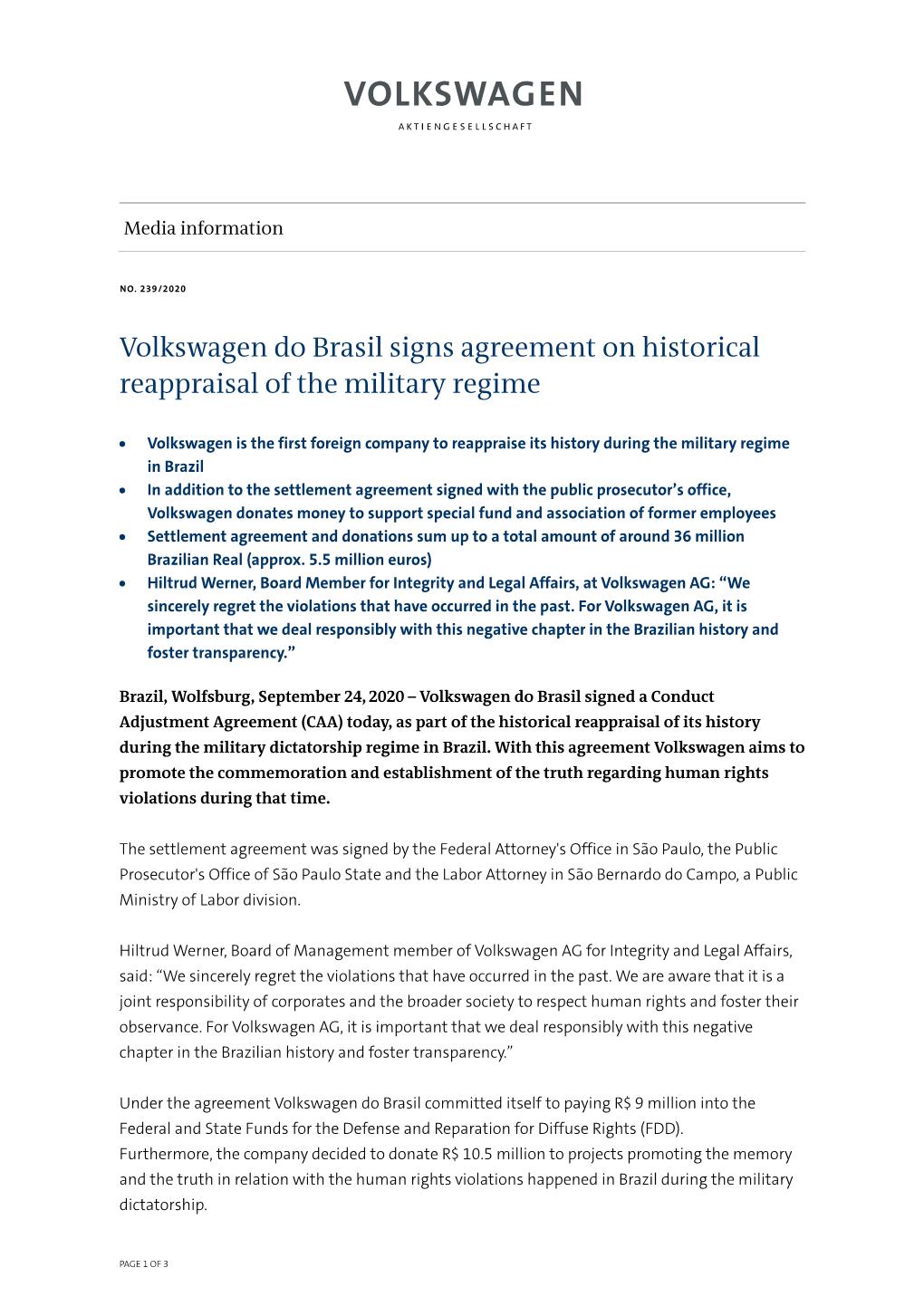 Volkswagen Do Brasil Signs Agreement on Historical Reappraisal of the Military Regime