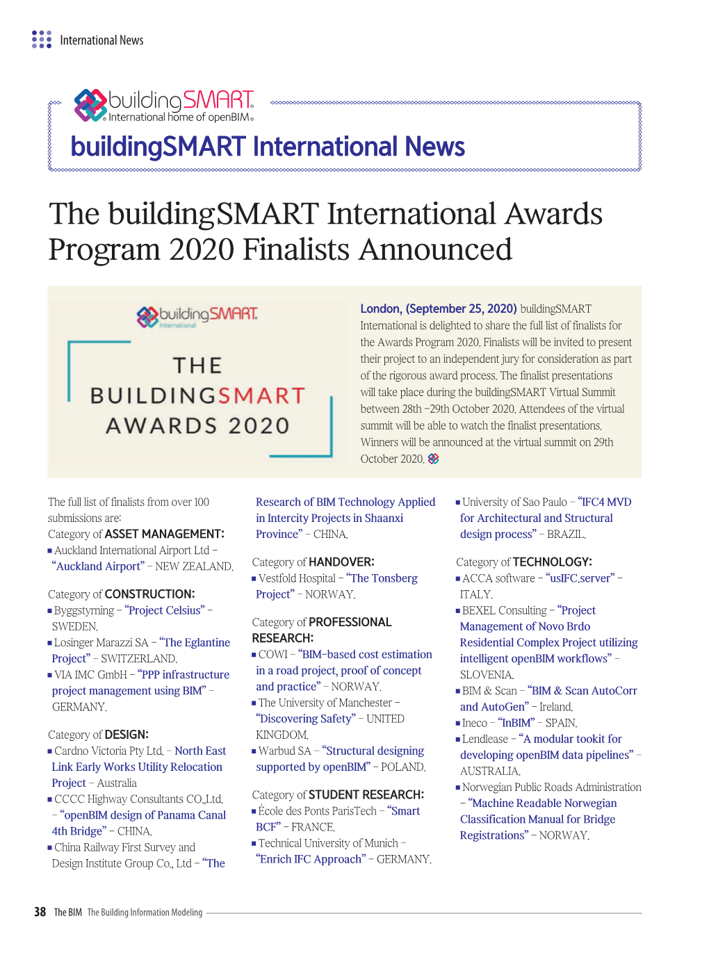 The Buildingsmart International Awards Program 2020 Finalists Announced