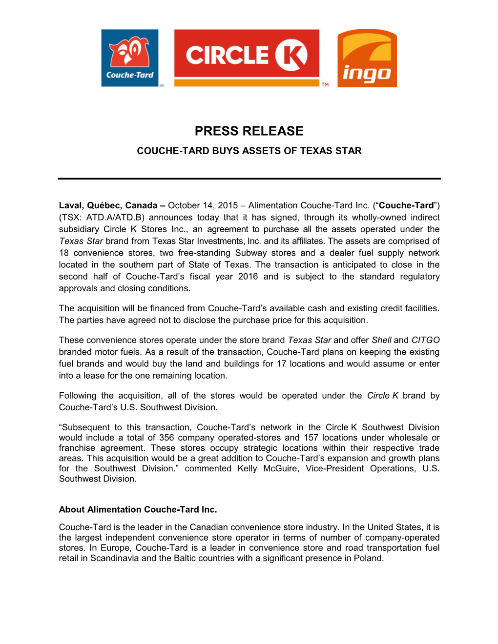 Press Release Couche-Tard Buys Assets of Texas Star