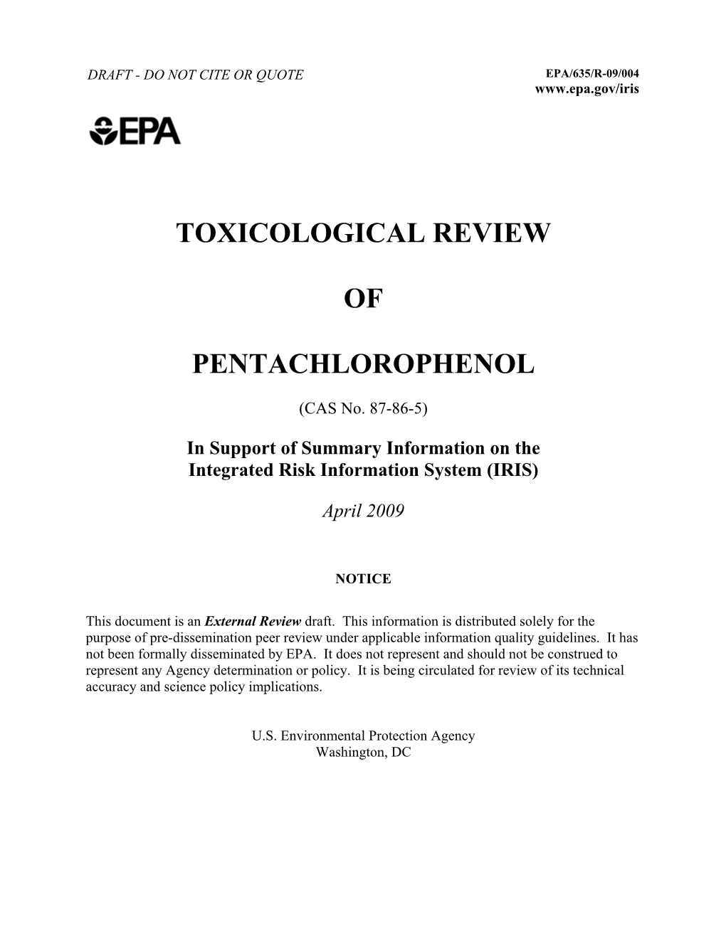 Usepa: Toxicological Review of Pentachlorophenol