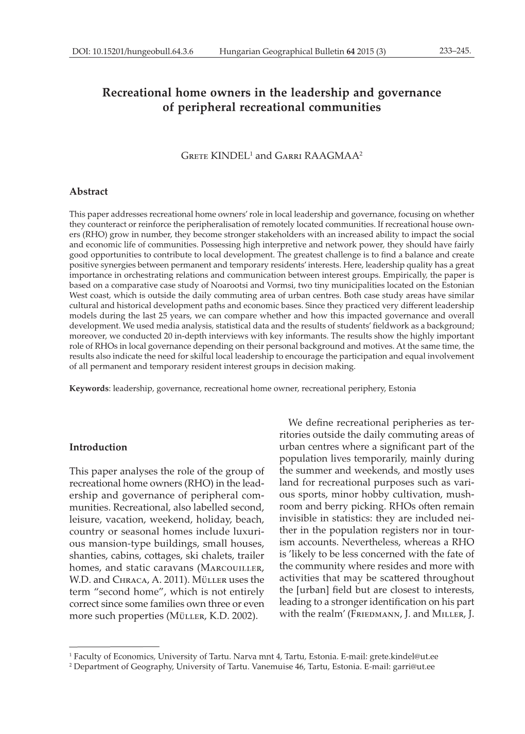 Recreational Home Owners in the Leadership and Governance of Peripheral Recreational Communities