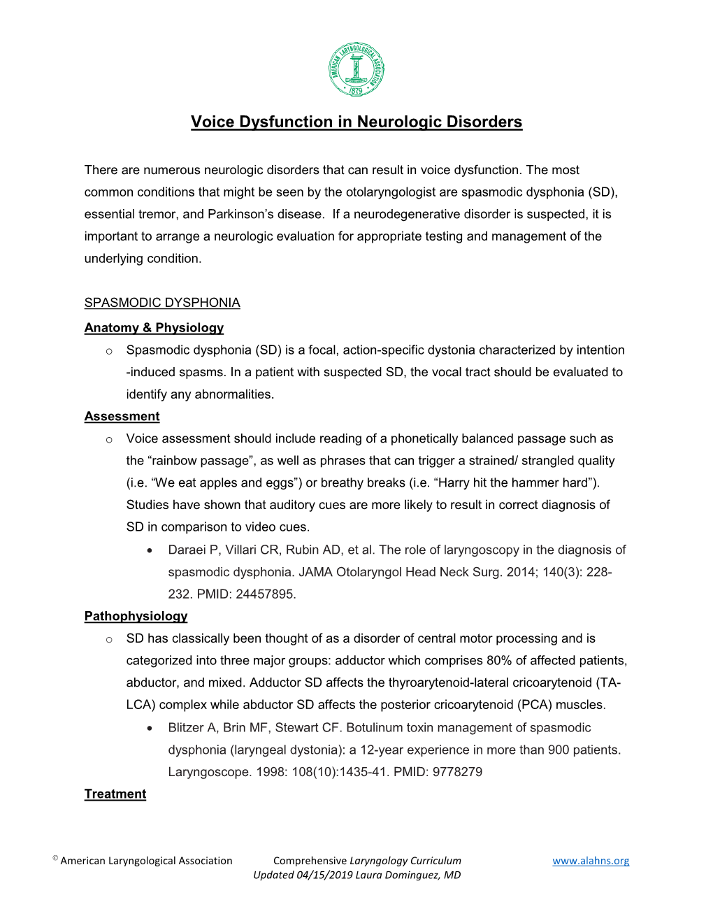 Voice Dysfunction in Neurologic Disorders