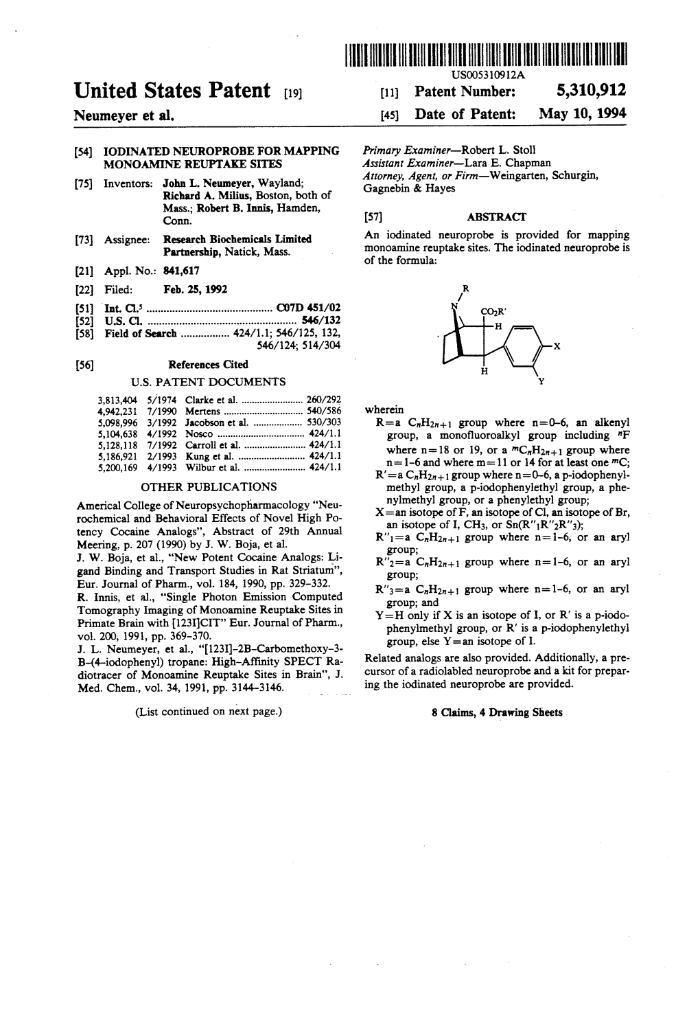 |||||||||||||III US00531092A United States Patent (19) 11 Patent Number: 5,310,912 Neumeyer Et Al