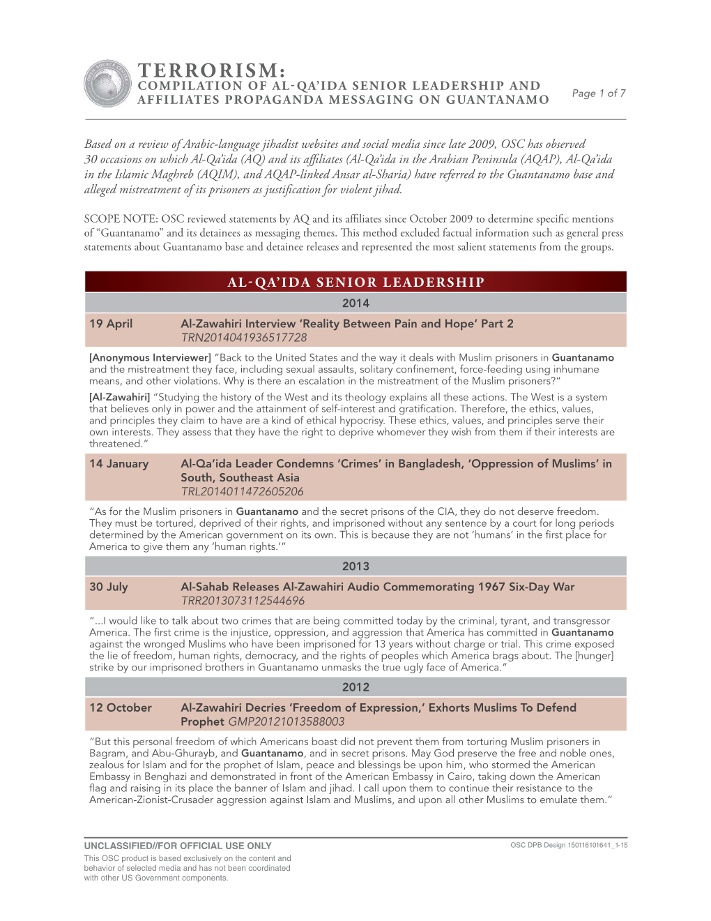 TERRORISM: COMPILATION of AL-QA’IDA SENIOR LEADERSHIP and Page 1 of 7 AFFILIATES PROPAGANDA MESSAGING on GUANTANAMO