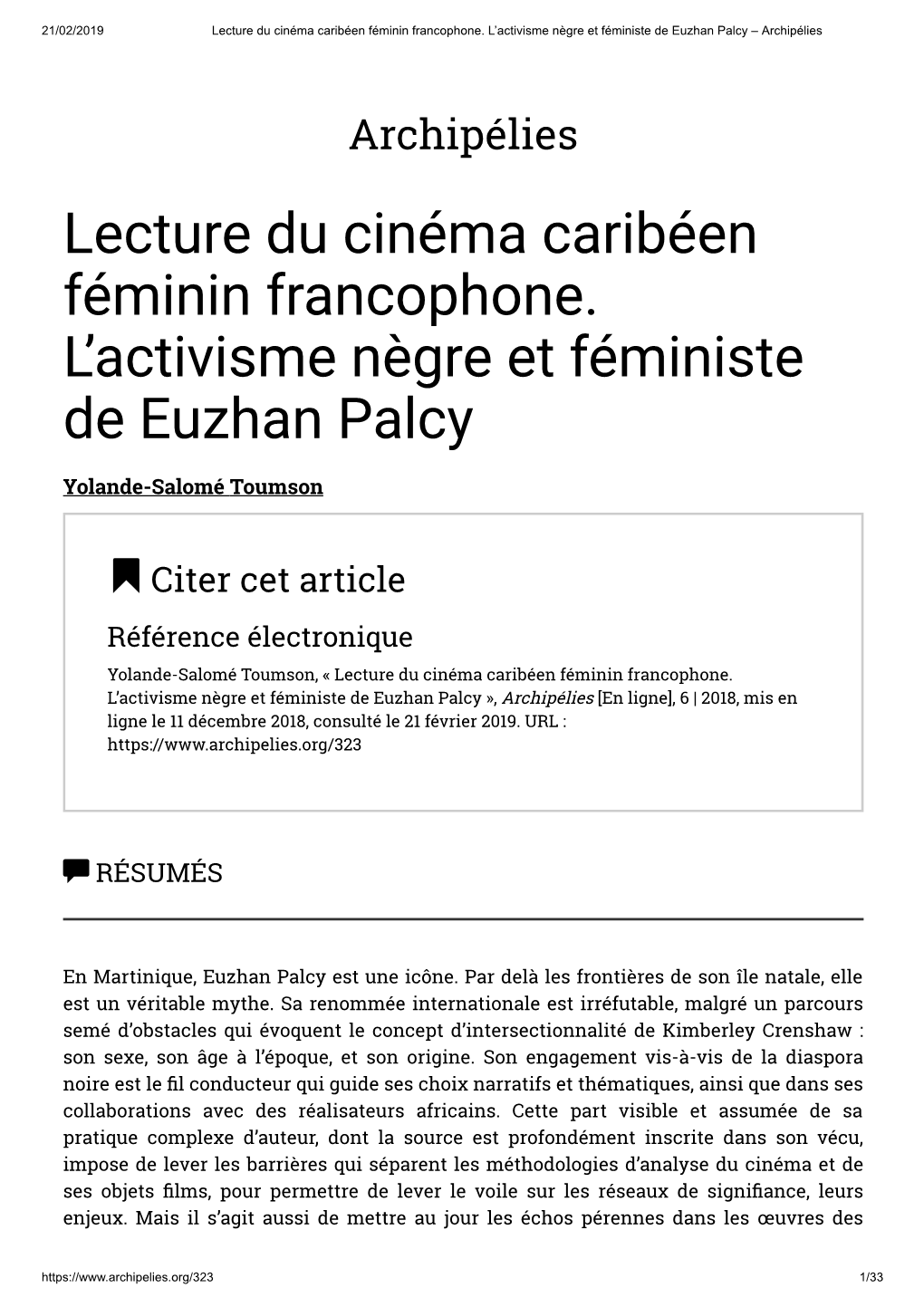 Lecture Du Cinéma Caribéen Féminin Francophone. L'activisme Nègre Et