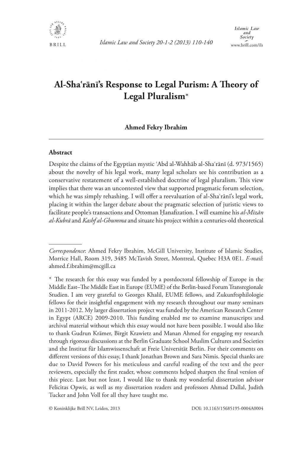 Al-Shaʿrānī's Response to Legal Purism: a Theory of Legal Pluralism*