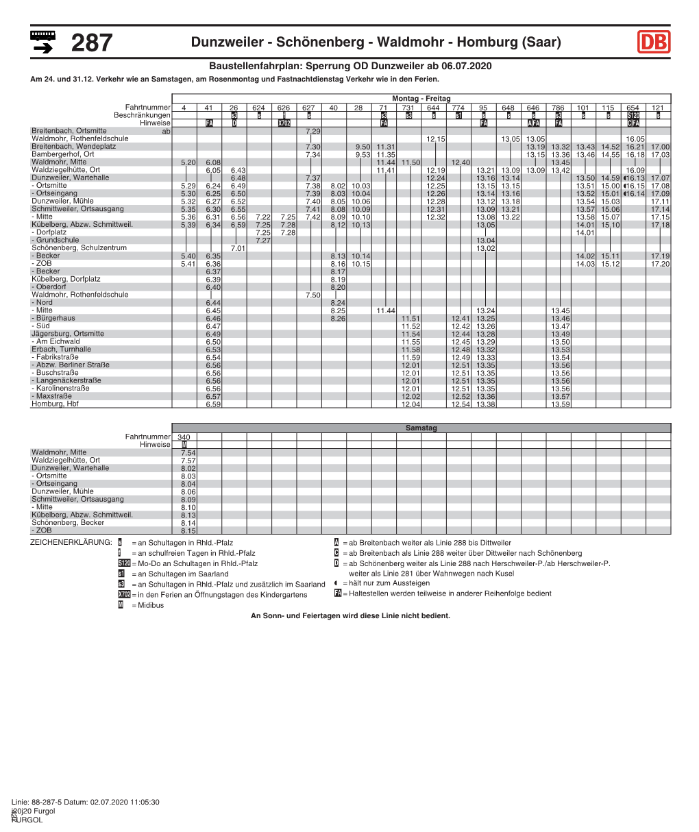 Dunzweiler - Schönenberg - Waldmohr - Homburg (Saar) Baustellenfahrplan: Sperrung OD Dunzweiler Ab 06.07.2020 Am 24