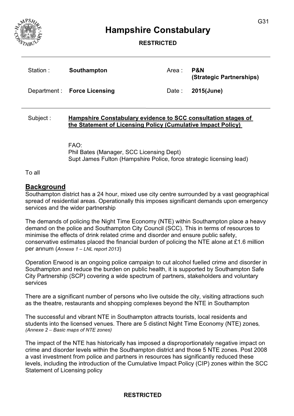 Hampshire Constabulary RESTRICTED