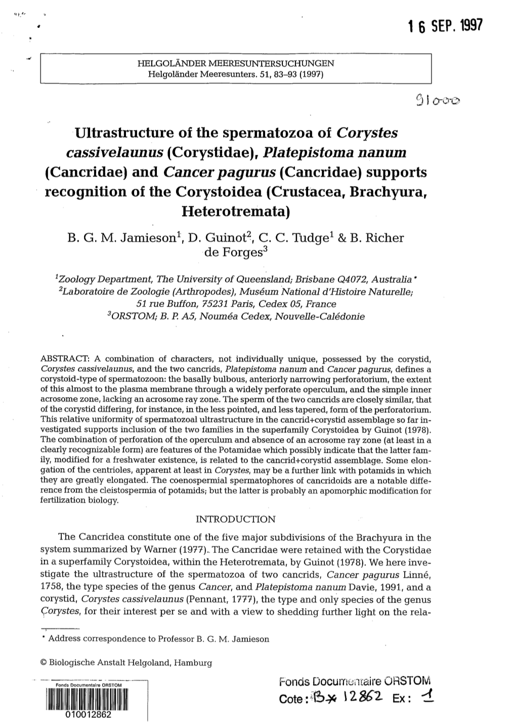 Ultrastructure of the Spermatozoa of Corystes Cassivelaunus (Corystidae